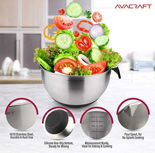 AVACRAFT 18/10 Stainless Steel Mixing Bowls with Lids, non slip silicone base bowls with Handle, Mixing Bowl Set with Pour Spouts & Measurement Marks, Home Essentials Cooking Bowls, (Red)