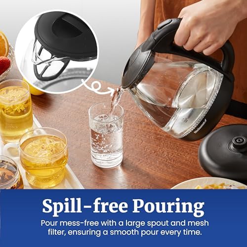 Elite Gourmet EKT1001 1.0L Glass Kettle, 1100W, Cordless Base, Black