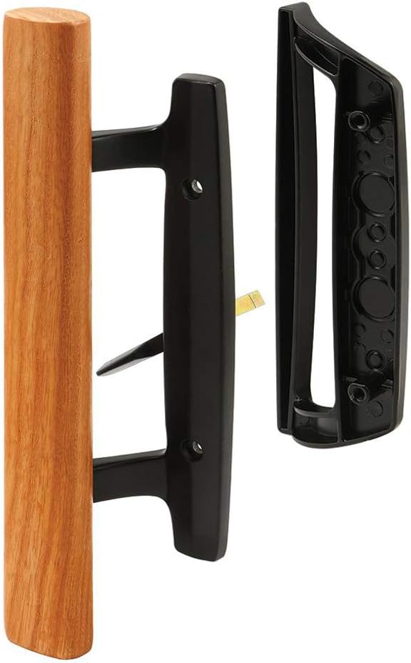 Mortise Style Reversible Sliding Patio Door Handle Set with Oak Wood Interior Handle and Exterior Pull in White Diecast Finish Fits 3-15/16” Screw