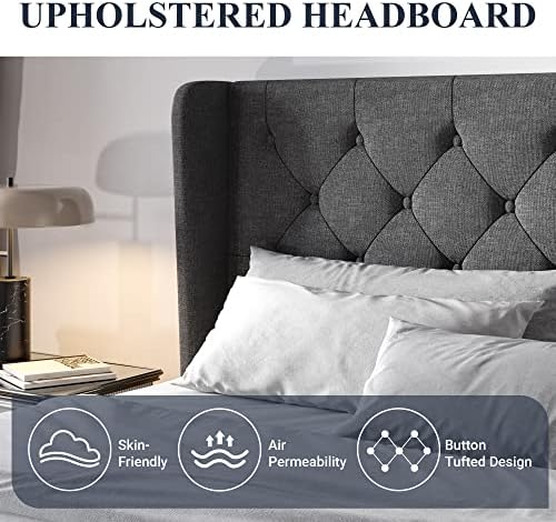 Allewie Queen Bed Frame with Button Tufted Wingback Headboard, Dark Grey | Modern Upholstered Platform Bed Frame, Strong Wood Slat Support