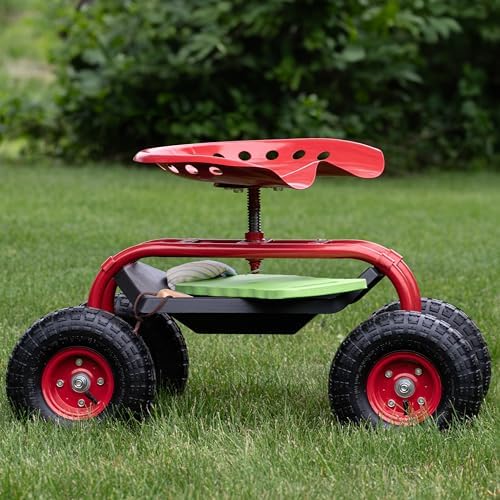 Sunnydaze Rolling Garden Cart with Swivel Seat and Storage, Green | Steel Rolling Gardening Seat with Utility Tray, and Basket for Storage, Rotating, Swiveling Motion