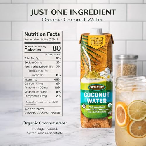 Nature's Greatest Foods Organic Coconut Water, Electrolytes 33.8 Fl Oz, 6Pk