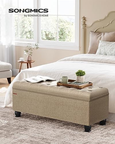 SONGMICS Storage Ottoman, 46.5 Inches Bedroom Bench, Solid Wood Legs