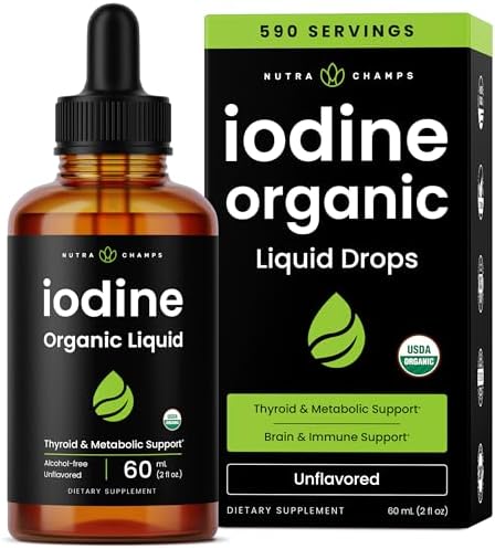Organic Iodine Liquid Drops - 250 mcg Iodine Supplement for Women & Men - Potassium Iodide Solution 250 mcg - 590 Servings - Thyroid