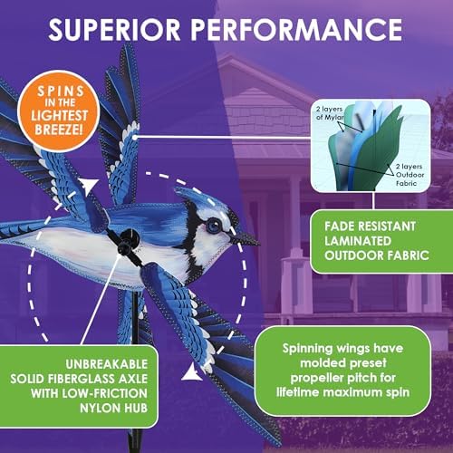 Whirligig Spinner Blue Jay 18" – Vibrant Bird-Themed Design, Weather-Resistant Outdoor Decor, Durable & Lightweight for Patios, Yards