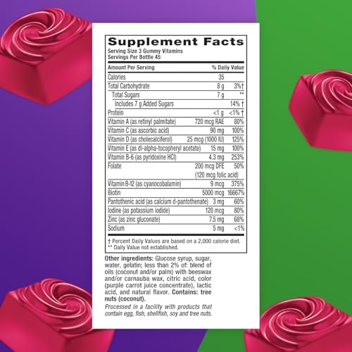 Vitafusion Hair Skin and Nails Gummies | Biotin 5000mcg | 100 Count | Gummy Vitamins for Adult Women & Men | Berry Flavor | Gluten-Free Multivitamin Supplement