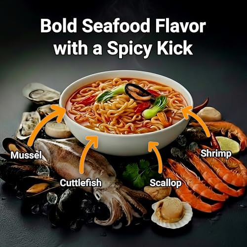 Nongshim Champong Noodle Soup, Smoky Spicy Seafood Korean Ramen, 4 Pack | Spicy seafood instant ramen with cuttlefish, mussel, scallop