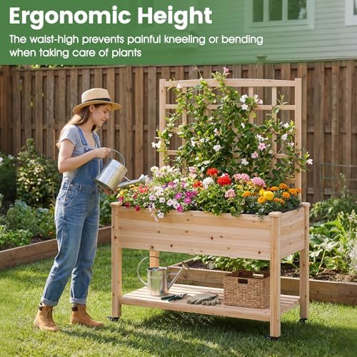 GIANTEX Raised Garden Bed on Wheels, Wood Planter Box with Legs, Liner, Drain Holes, Elevated Garden Bed for Vegetables