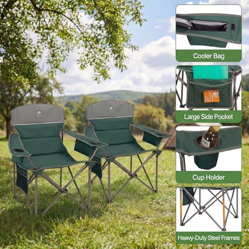 Oversized Camping Chairs 2 Pack - Heavy Duty 400LBS Padded Lawn Chair with Cooler Bag,Cup Holder,Side Pocket,Collapsible for Outdoor,Camp,Fishing & Garden,Dark Green