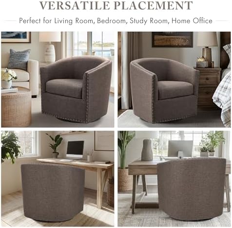 Madison Park Swivel Barrel Accent Chair, Upholstered Curved Back with 7-Inch Thick Woven Cushion, 360° Swivel, Nailhead Trim, Comfy Chair for Living Room, Bedroom, Office, 28" Wide, Neutral, Tyler