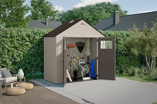 Suncast 8' x 4' Heavy-Duty Resin Tremont Storage Shed with Reinforced Floor, Skylights for Natural Light, Lockable Double Doors, Sand Finish