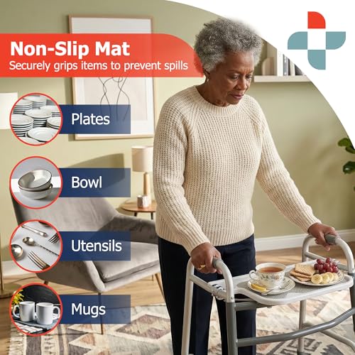 Sammons Preston Standard Walker Tray, Clip-On Surface with Cup Holders, Lightweight Raised-Edge Design for Bariatric Walkers, Stable Dining and Utility Support for Seniors and Mobility Aid Users