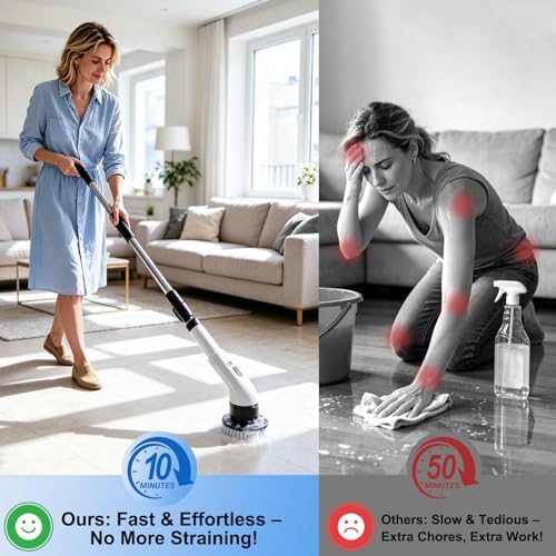 Electric Spin Scrubber, Cordless Shower Scrubber with 9 Scrub Brushes, 2 Speed & Battery Level Display