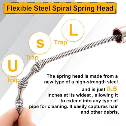 50FT Drain Auger with Drill Adapter, Manual or Powered Drain Snake | Plumbing Clog Remover, Flexible Cable, Manual Crank or Drill Operation