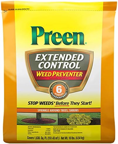 Preen Extended Control Weed Preventer - 4.93 lb. Bottle - Covers 805 sq. ft. | PreEmergent Herbicide for Garden Weed Control –Prevents Weeds up to 6 Months – For Perennials and Shrubs