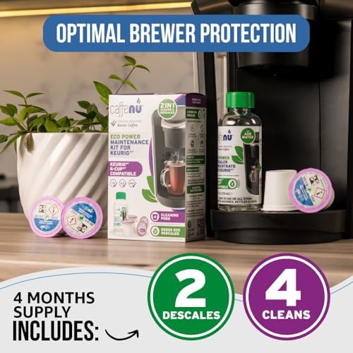 Caffenu Keurig Compatible Descaling Solution and Cleaning Pods Kit, 4 Uses | Descaler & Cleaner for Keurig