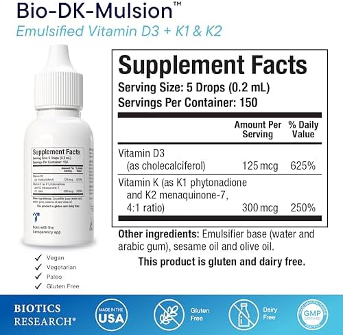 BIOTICS RESEARCH Bio-DK-Mulsion™ Liquid Vitamin D3 5000 IU, K1,K2 300mcg