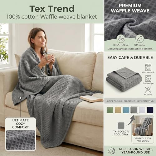 Tex Trend 100% Cotton Waffle Weave Blanket Queen Size - Soft, Breathable Cooling Blanket for Bed, Lightweight Cozy Summer & Spring Bedding, Grey, 90x90