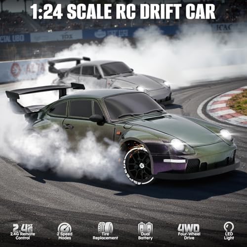 RC Drift Car,1:24 Scale Remote Control Car, 2.4GHz 20KM/H 4WD High Speed RC Cars for Kids with LED Light, Two Batteries,Drifting Tires,Racing Vehicle Toy for Adults Boys Girls Gray