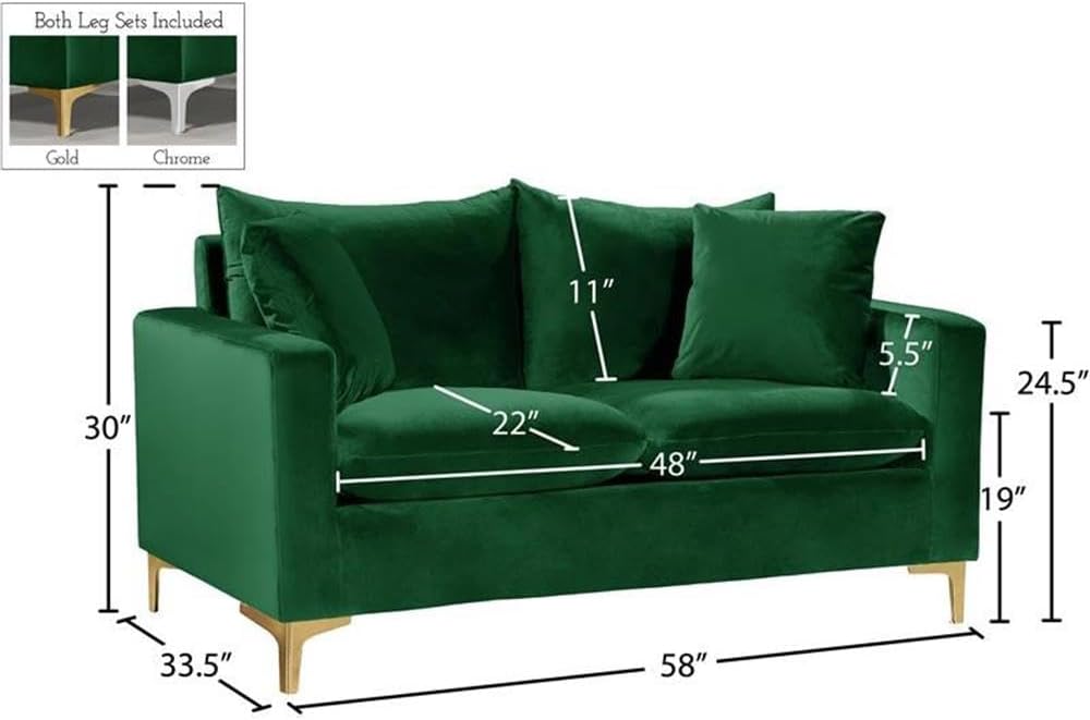Meridian Furniture Naomi Collection Modern | Contemporary Grey Velvet Upholstered Loveseat with Stainless Steel Base in a Rich Gold or Chrome Finish, 633Grey-L