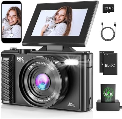 5K Vlogging Digital Camera for Beginners, 80MP Travel Camera for Photography with 32GB Card, 18X Zoom Portable Compact Camera with 180° Flip Screen