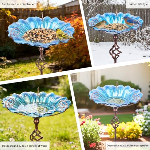 MUMTOP Bird Bath Outdoor, Glass Birdbath Bowl with Stake Garde Decor, Blue