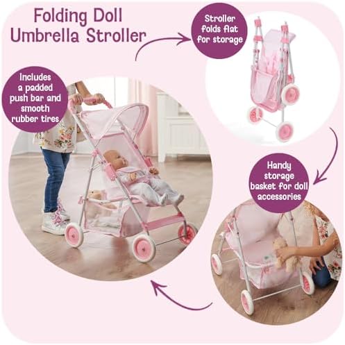 Badger Basket Folding Doll Umbrella Stroller with Basket - Pink/White | Fits up to 18" dolls