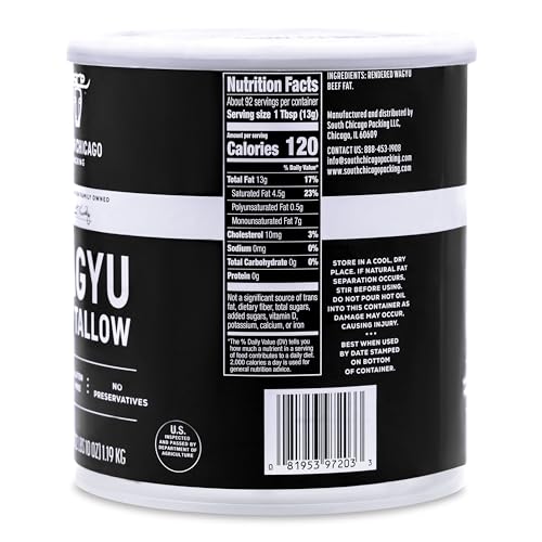 South Chicago Packing 100% Pure Wagyu Beef Tallow, 42 Ounces – Paleo & Keto Friendly Cooking Fat for Searing, Sautéing & Frying