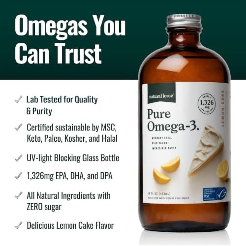 Natural Force Pure Omega 3 - Liquid Fish Oil - Delicious Lemon Cake Flavor - Mercury Free, Wild Caught, Lab Tested - 1, 326 mg Triglyceride EPA, DHA
