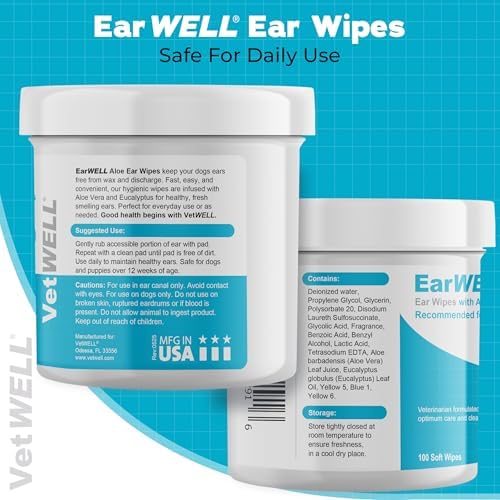 VetWELL EarWELL Dog Ear Wipes - Otic Cleaning Wipes - 100ct | Cleans and Helps Reduce Wax and Buildup in Ear Canals - Deodorizes and Freshens