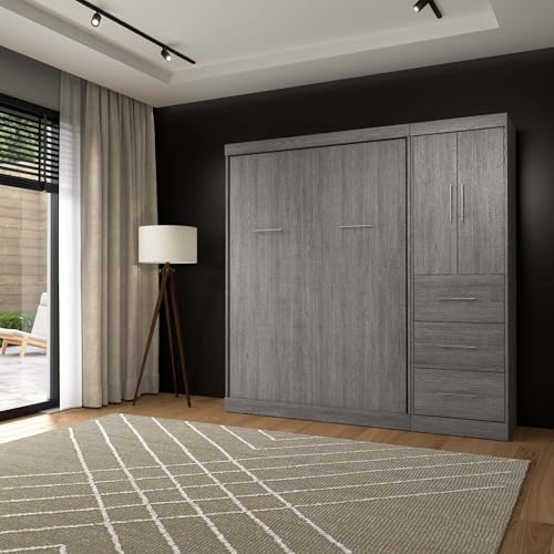 Bestar Nebula Full Murphy Bed with Wardrobe (84W) in Bark Gray, Sleeping Arrangement and Closet Organizer for Multipurpose Room | Wardrobe