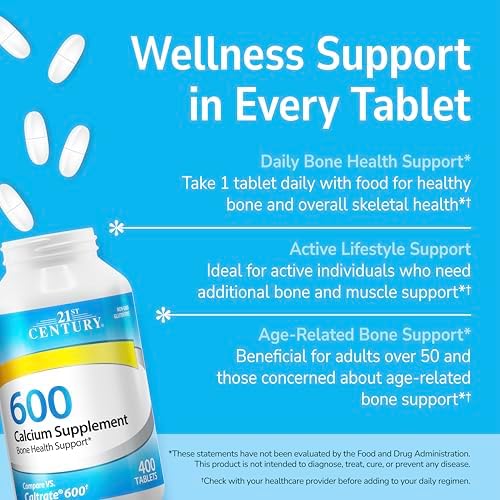 21st Century Calcium 600mg Tablets, Bone Strength Support, 75 Count | Calcium Carbonate 600 mg, Compare VS. Caltrate® 600, Bone Strength & Density Support, Vegan-Friendly, Non-GMO, Gluten Free
