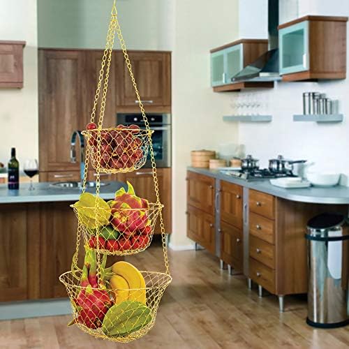 Fox Run 3-Tier Copper Kitchen Hanging Fruit Baskets For Kitchen, 32 Inches | Easily Store & Display Fruit & Vegetables | 3 Tiers Of Baskets For Organization | Beautiful Copper Hanging Kitchen Baskets