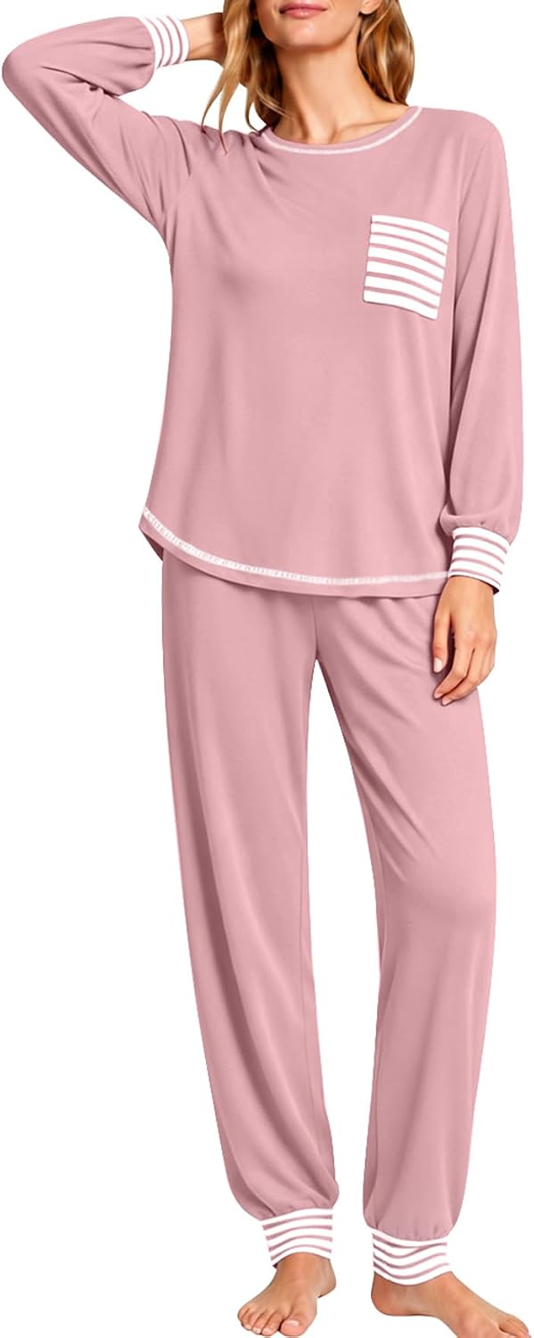 SWOMOG Women’s Pajamas Set Long Sleeve Sleepwear with Long Pants Soft Modal Loungewear Pj Set
