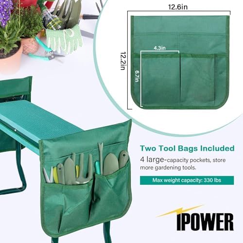 iPower Garden Kneeler and Seat Foldable Kneeling Bench with Sturdy Soft EVA Foam Pad for Outdoor, Fishing, Camping, 2 Tool Pouches Included, Green