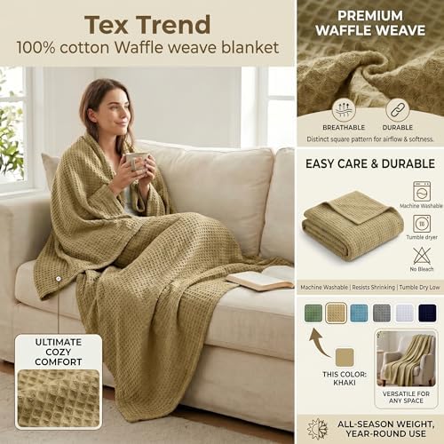 Tex Trend 100% Cotton Waffle Weave Blanket Queen Size - Soft, Breathable Cooling Blanket for Bed, Lightweight Cozy Summer & Spring Bedding, Grey, 90x90