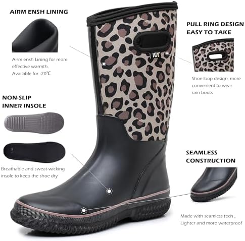 WTW Womens Mid Calf Rain Boots - Waterproof Insulated Neoprene Rubber Boots Mud Outdoor Hunting Garden Boots