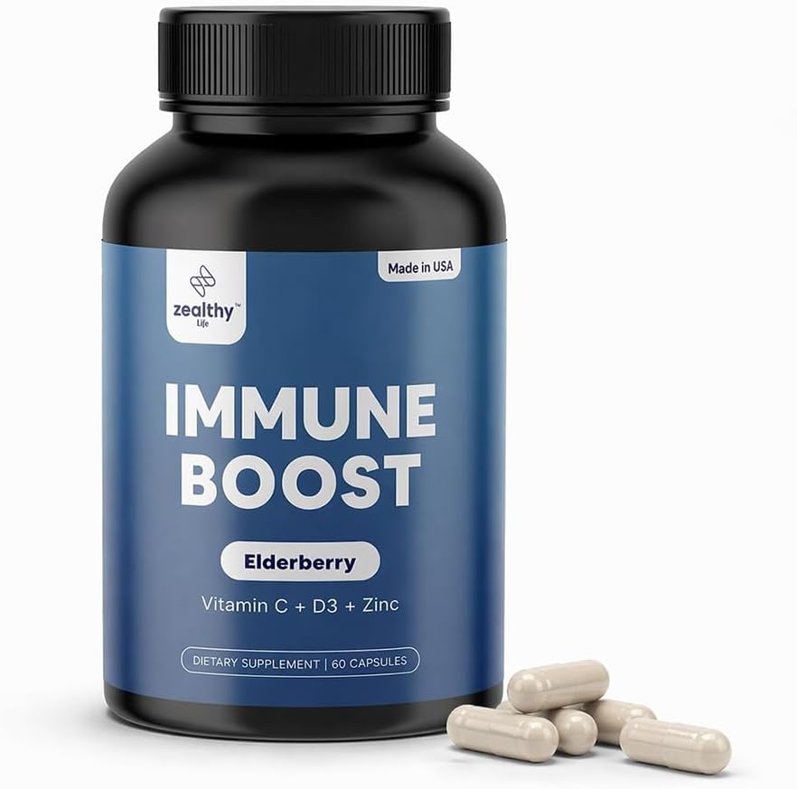 Immune Support Capsules for Adults with Elderberry, Vitamin C, Vitamin D3 & Zinc – Daily Immune Defense Supplement | Zealthy Life | 60 Capsules