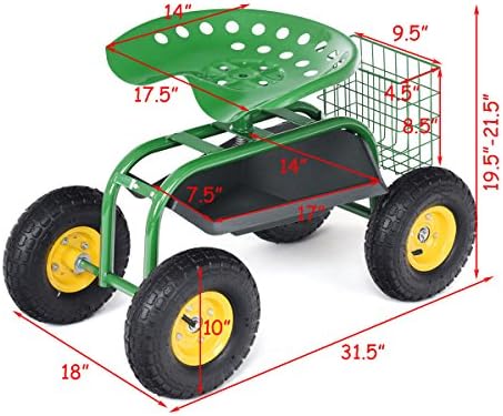 Giantex Rolling Garden Work Seat, 360 Swivel Gardening Workseat with Wheels, Tool Basket, Adjustable Height, Outdoor Scooter for Sitting, Gardening Stool Chair for Planting Trimming, Red