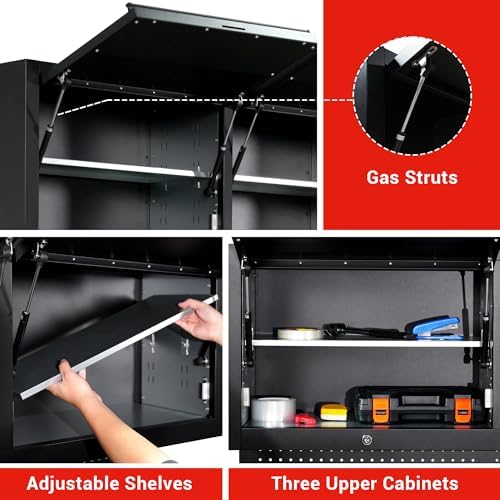 72-inch Tool Chest Cabinet Rolling Garage Workbench with 15 Storage Drawers and Wheels, 3 Upper Cabinet, Pegboard, Steel Large Tool Box,Matte Black