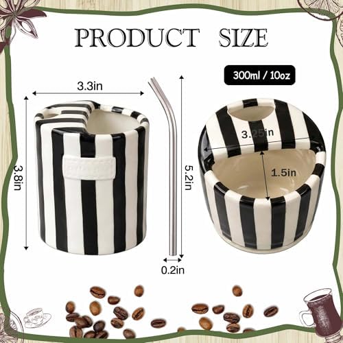 Ceramic Coffee Mugs 10 oz Retro Striped Coffee Mug No Handle with Straw | Porcelain Coffee Cups Hand-Painted Striped Art