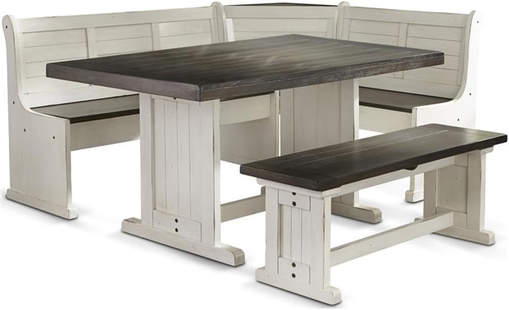 Carriage House Wood Breakfast Nook Set, Off White and Dark Brown Finish, Mahogany Base, Hidden Storage Benches, Reversible Design