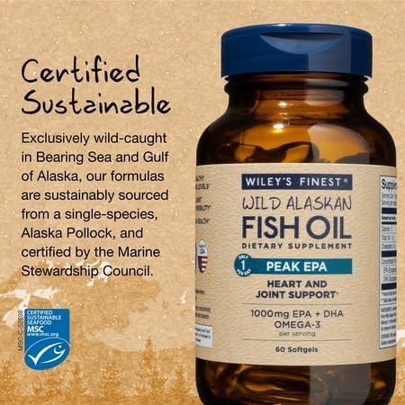 Wiley's Finest Wild Alaskan Fish Oil Peak EPA - Triple Strength Peak EPA & DHA Supplement - 1000mg Fish Oil - Omega-3s for Joint Health Support - 30 Softgels (30 Servings)
