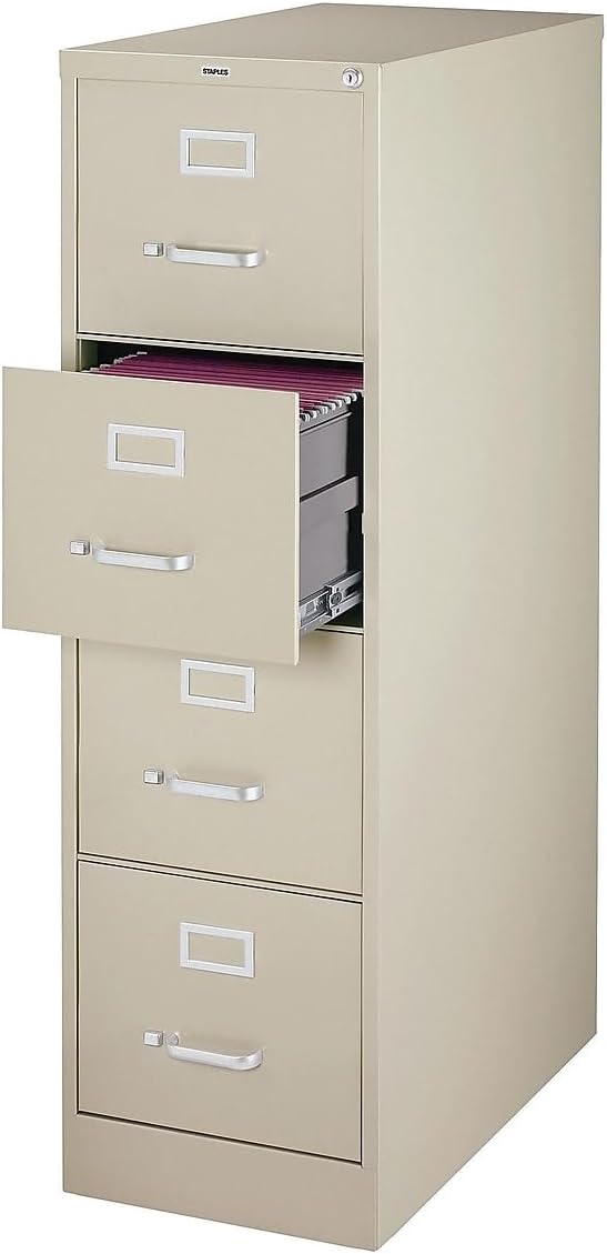 Staples 4-Drawer Vertical File Cabinet, Letter Size Documents, Lockable, 26.5" D x 15" W x 51.97" H, Putty/Beige