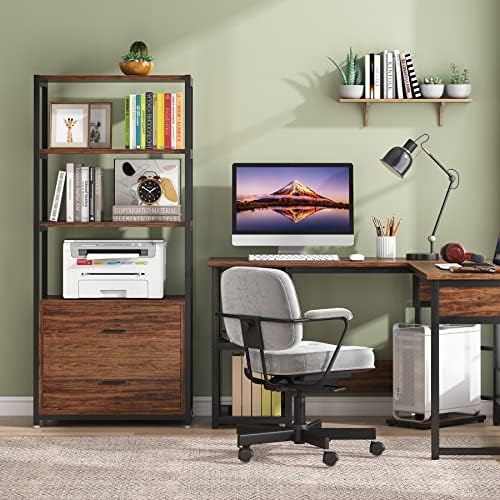 Tribesigns 4-Tier Bookcase Bookshelf with 2 Drawers (Rustic)