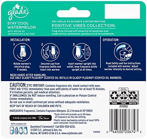 Glade PlugIns Refills Air Freshener, Scented and Essential Oils for Home and Bathroom, Stay Cool Watermelon, 3.35 Fl Oz, 5 Count