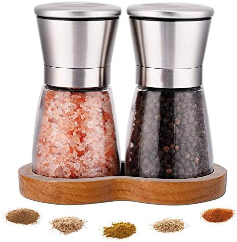 LessMo Salt and Pepper Grinder Set with Wooden Standing Tray