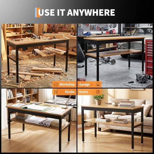 60" Work Bench with Storage Shelf, Adjustable Height Workbench, 60" x 24" Work Benches for Garage