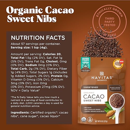 Navitas Organics Cacao Nibs – Unsweetened Dark Chocolate Crunch – Antioxidants, Minerals, Fiber – For Trail Mix, Baking & More – USDA Organic, Fairtrade, Non GMO, Gluten Free, Non-alkalized (8oz. Bag 76 Servings)