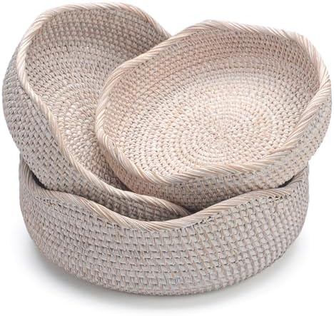 YANGQIHOME Rattan Bread Basket, Round Fruit Baskets, Wicker Storage Bowls, Natural Woven Serving Basket Bowls
